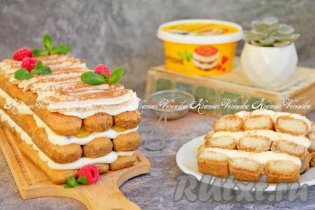 Можно для украшения присыпать верхний слой крема какао. Нежный, вкусный, ароматный тирамису, приготовленный с маскарпоне и сливками без добавления яиц, подать к столу.