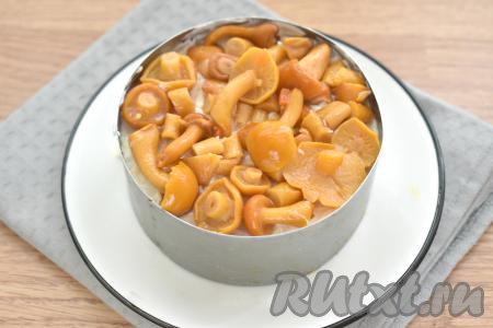 Завершающим слоем салата выкладываем маринованные грибы. Крупные грибочки лучше нарезать на части.