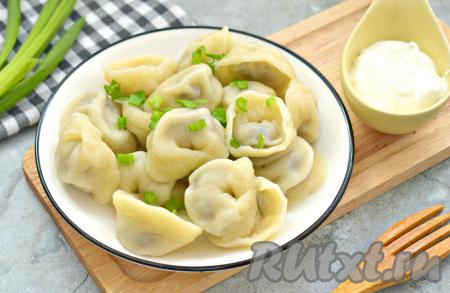 Вкусные, аппетитные, сочные домашние пельмени, приготовленные с начинкой из фарша с зеленью, к столу подаём горячими, дополнив сметаной или другим любимым соусом.