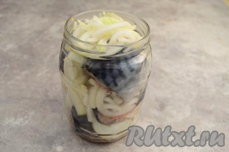 Так, чередуя слои лука и скумбрии, заполнить банку до самого верха. Последним слоем должен быть лук.