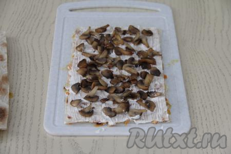 Сверху выложить половину обжаренных грибов.