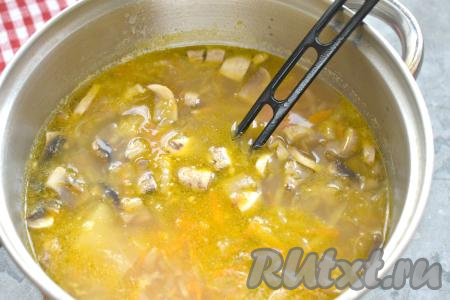 Варим  щи с квашеной капустой и шампиньонами 7-10 минут. В конце приготовления по вкусу солим, перчим. Можно, по желанию, добавить лавровый лист или свои любимые специи, зелень. Перемешиваем, провариваем 1-2 минуты и выключаем огонь.