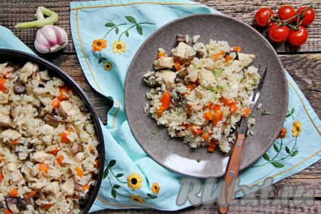 Рис с курицей и шампиньонами разложить со сковороды по тарелкам и подать вкусное, ароматное блюдо к столу в горячем виде. 