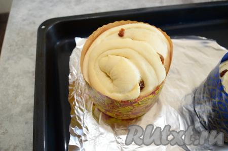 Аналогично из второго пласта слоёного теста, оставшихся масла, сахара и изюма сформировать второй кулич. На противень постелить фольгу, разместить на фольгу два кулича. Прикрыть куличи полотенцем и оставить на расстойку на 1-1,5 часа. Вот так поднялись куличи через час. Я выпекала в бумажных формах для куличей, они с перфорацией снизу, поэтому во время выпечки масло будет стекать из форм на противень. Чтобы не мыть противень, я подстилаю под форму для куличей фольгу.