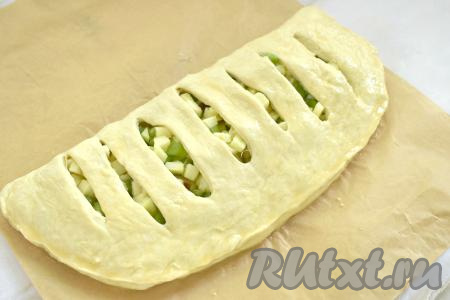 Начинку накрываем стороной с надрезами, хорошо скрепляем края пирога с 3 сторон. Поверхности пирога смазываем взбитым яйцом (или молоком).