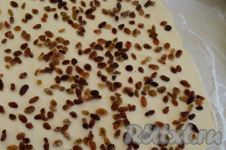 Сливочное масло для начинки растопить (я растопила в микроволновке), дать ему немного остыть. Смазать раскатанное тесто половиной растопленного сливочного масла, сверху равномерно разложить половину подготовленного изюма.