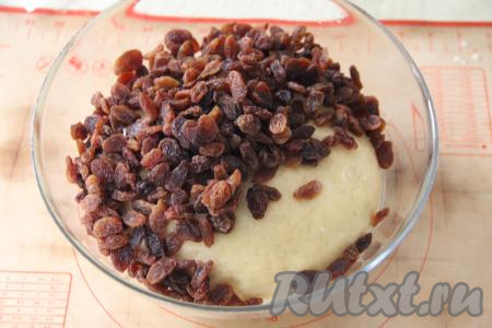 В округлившееся, поднявшееся тесто добавить обсушенный изюм и вмешать его.