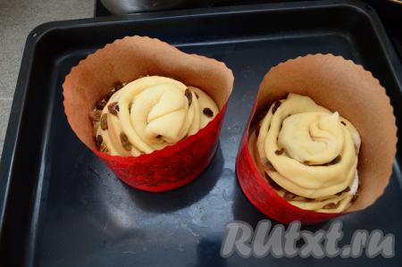 Аналогично сформировать вторую заготовку кулича "Краффин", используя оставшиеся масло и изюм, тоже поместить в бумажную форму. Тесто будет заполнять форму на половину объёма.&nbsp; Поставить формы с заготовками куличей на противень. Прикрыть формы полотенцем и оставить на 40-60 минут для расстойки в тёплом месте.