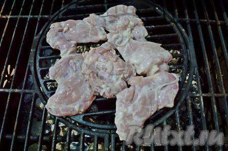 Филе бедра курицы выложить на решётку хорошо прогретого мангала, в котором должны быть "седые" угли без прямого огня. Время жарки зависит от жара углей мангала. У нас шашлык был готов через 15 минут. Для того чтобы мясо равномерно прожарилось, каждые 3-4 минуты его желательно переворачивать. Для того чтобы проверить готовность, надрежьте кусочек курицы, если в разрезе нет примесей крови, значит мясо готово.