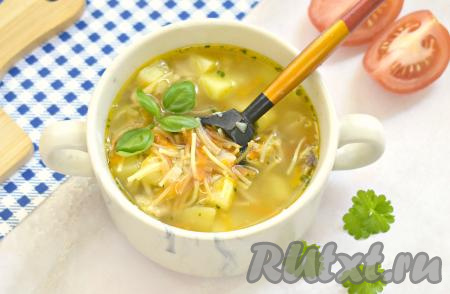 Суп, приготовленный с жареной вермишелью и курицей, получился вкусным, насыщенным и аппетитным. Даже через несколько часов после окончания варки вермишель прекрасно сохранила свою форму и не "размякла". Советую сварить такой суп и вам - и сытно, и бюджетно, и вкусно!