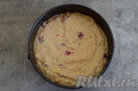 Дно и бока разъёмной формы для выпечки смазать растительным маслом. Тесто переложить в форму, разровнять. Я использовала форму диаметром 18 сантиметров.