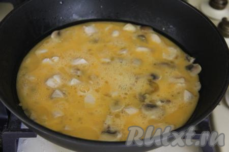 В сковороду влить смесь яиц и молока.
