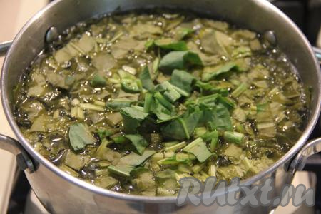 Щавель хорошо промыть водой (я для супа беру только листья щавеля, стебли я не использую). Нарезать щавель на полоски и добавить в кастрюлю вслед за мясом.