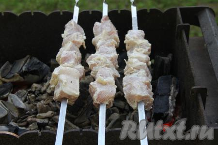 Поместить шампуры со свининой на мангал с подготовленными углями.