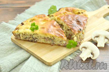 Вкусный, сочный, аппетитный заливной пирог, приготовленный с фаршем и грибами, нарезаем на кусочки и подаём к чаю или в качестве сытного перекуса в течение дня.