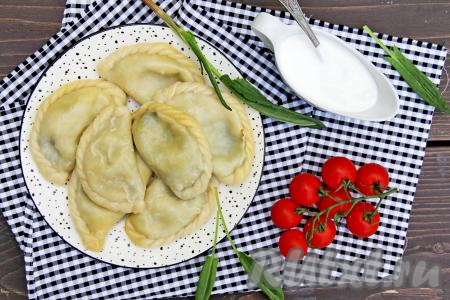 Нежные, вкусные, в меру сладкие вареники с щавелем при подаче можно дополнить сладким сиропом или мёдом.