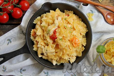 Готовую пасту с курицей&nbsp;в сливочно-сырном соусе подать к столу в горячем виде. Уверена, это простое повседневное блюдо многим придётся по вкусу!