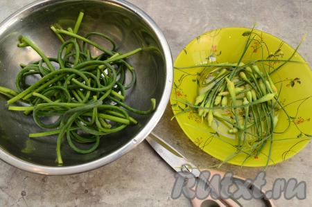 Чесночные стрелки промыть водой. От каждой стрелки отрезать соцветие (я отрезаю при помощи кулинарных ножниц). Я взвесила стрелки без соцветий, вес составил 370 грамм. Соцветия для приготовления пасты я не использую.