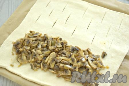 На сторону теста без разрезов равномерно выкладываем остывшую грибную начинку, отступив от краёв 1,5-2 сантиметра.