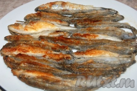 Обжаренную корюшку выкладывать на тарелку, стараясь сохранить ее целостность.