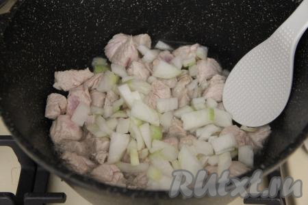 Обжаривать кусочки индейки минут 5-7 на среднем огне, периодически перемешивая. Затем добавить лук, нарезанный на небольшие кубики, перемешать и обжаривать минуты 3, иногда помешивая.