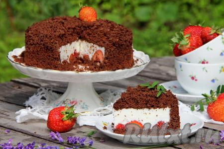 А вот как вкусный, аппетитный нежный торт "Норка крота" с клубникой выглядит в разрезе. Отличный десерт для любого чаепития!