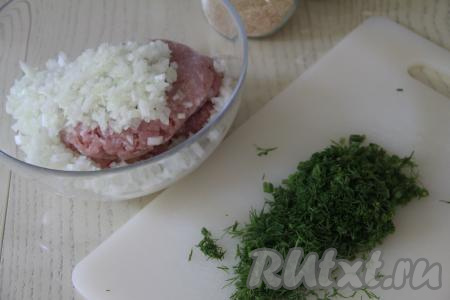 Лук и укроп мелко нарезать. В миске соединить фарш и лук.