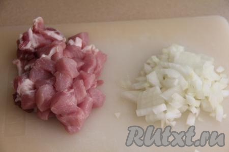 Лук и морковь почистить. Свинину вымыть, обсушить, нарезать на кубики с размером стороны 1 сантиметр, посолить, перемешать. Лук нарезать на мелкие кубики.
