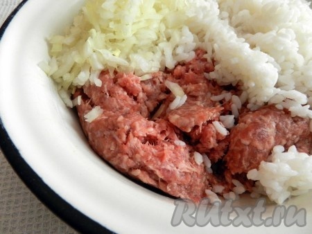 1 луковицу очистить и мелко нарезать. Фарш смешать с&nbsp; луком и заранее отваренным рисом.

