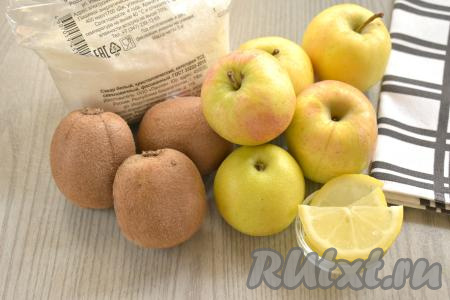 Вот такие ингредиенты нужны для приготовления варенья из яблок и киви. При желании количество ингредиентов можно пропорционально увеличить.&nbsp;