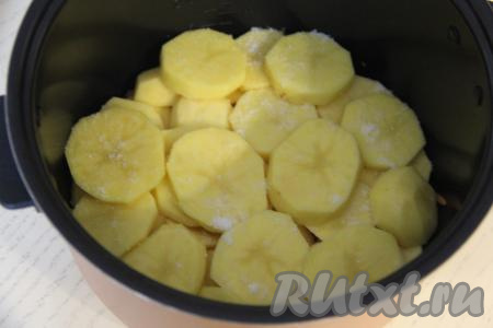 Картошку нарезать на кружочки толщиной примерно 5 миллиметров, выложить в чашу мультиварки, слегка посолить.&nbsp;