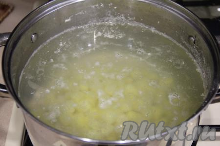 Филе индейки нарезать на средние кубики, выложить в кастрюлю, влить 2,5 литра воды и поставить на огонь. После закипания воды убрать с поверхности пену, убавить огонь и варить индейку 30 минут. Затем в кастрюлю выложить капусту, нарезанную на тонкие полоски, и картошку, нарезанную на небольшие кубики, дать закипеть и варить овощи 20 минут на небольшом огне.