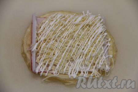 На сыр нанести сеточку из майонеза.