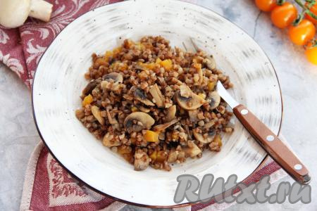 Разложить рассыпчатую гречку вместе с аппетитной тыквой и нежными грибами по тарелкам и подать к столу в горячем виде в качестве основного блюда или в качестве гарнира к птице, мясу.