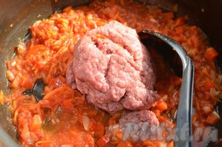 Затем добавить в сковороду мясной фарш, тушить 10 минут, перемешивая и разбивая комочки. Посолить и поперчить.
