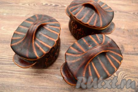 Горшочки с картошкой и куриными ножками накрыть крышками и поставить в разогретую до 180 градусов духовку на 1 час.