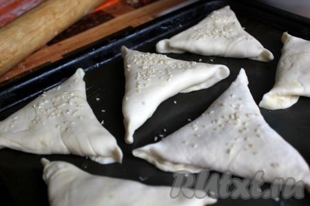 На противень, смазанный маслом, выложить самсу с курицей, посыпать кунжутом и запекать в разогретой духовке при темпеартуре 200 градусов около 20 минут.

