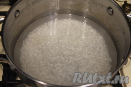 Влить в кастрюлю 600 миллилитров воды комнатной температуры, добавить соль. Поставить кастрюлю на сильный огонь, довести воду до кипения, иногда перемешивания рис.&nbsp;