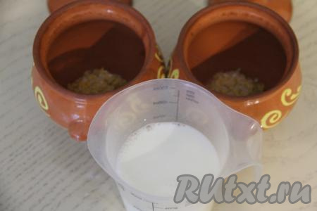 Соединить молоко и воду, перемешать, разделить получившуюся смесь на 2 равные части и влить в горшочки поверх крупы. Закрыть горшочки крышками. Горшочки можно взять любого объёма, но заполнять их стоит не более, чем на 2/3 объёма. 