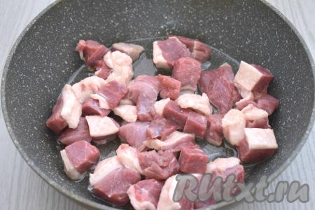 Части утки (я взяла утиное филе) моем, обсушиваем. Кожу можно удалить, но я часть кожи оставила. Нарезаем утку на небольшие кусочки. Разогреваем в глубокой сковороде растительное масло, выкладываем кусочки утки и обжариваем их на огне чуть выше среднего 10 минут, периодически перемешивая.