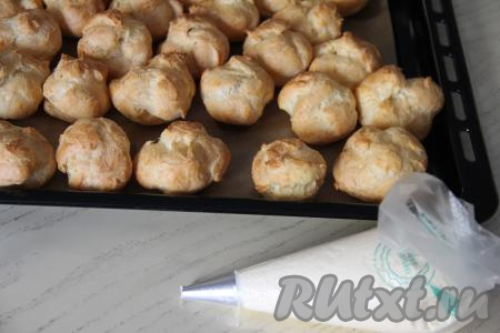 Переложить получившийся крем "Пломбир" в кулинарный мешок с круглой насадкой. Готовые профитроли достать из духовки, полностью остудить.