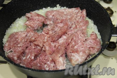 К обжаренному луку выложить мясной фарш.