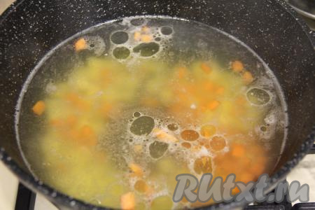 Достать из бульона курицу, лук, лавровый лист. Лук и лавровый лист выбросить. Бульон, если необходимо, процедить, вернуть в кастрюлю. Куриному мясу дать немного остыть. Картошку и морковь очистить, нарезать на небольшие кубики. В бульон добавить кубики картошки и морковки, поставить кастрюлю на огонь. После закипания варить суп на небольшом огне 15-20 минут (до готовности овощей, они должны стать достаточно мягкими, легко прокалываться ножом).