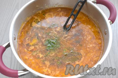 Затем перчим, добавляем зелень, перемешиваем, доводим щи из утки до кипения, уменьшаем огонь, провариваем 1 минуту и убираем с огня. Даём щам настояться 10-15 минут под крышкой.