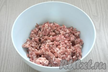 Свинину пропускаем через мясорубку в объёмную миску.