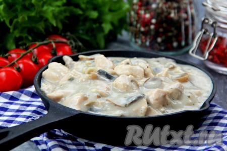 Нежную, вкусную подливу, приготовленную из куриной грудки с грибами, разложить по тарелкам и в горячем виде, дополнив гарниром, подать к столу.