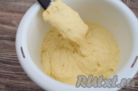Затем, понемногу подсыпая оставшуюся муку и тщательно вмешивая её каждый раз лопаткой, замесить в меру тягучее, напоминающее достаточно густую сметану, бездрожжевое творожное тесто для куличей, оно будет медленно стекать с лопатки. Муки может потребоваться как больше, так и меньше, так как количество муки, которое придётся добавить, зависит и от размера яиц, и от влажности творога, и от самой муки. Я советую ориентироваться именно на консистенцию теста. Мне потребовалось в общей сложности для замешивания теста добавить 250 грамм муки.