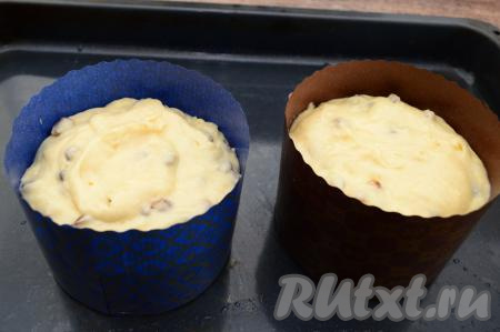 Бумажные формы для куличей разместить на противне и заполнить их тестом на 2/3 от объёма форм. Я использовала бумажные формы размером 11 сантиметров.&nbsp;Духовку разогреть до 180 градусов. Поставить куличи в разогретую духовку на 50-60 минут.