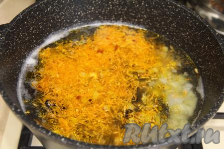 Сразу же выложить обжаренные морковку и лук, дать закипеть, уменьшить огонь, варить 10 минут. Затем всыпать соль и специи по вкусу, варить ещё 5 минут.