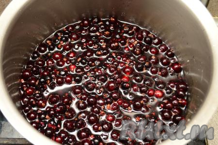 После закипания сиропа сразу же всыпать в кастрюлю ягоды чёрной смородины, перемешать.